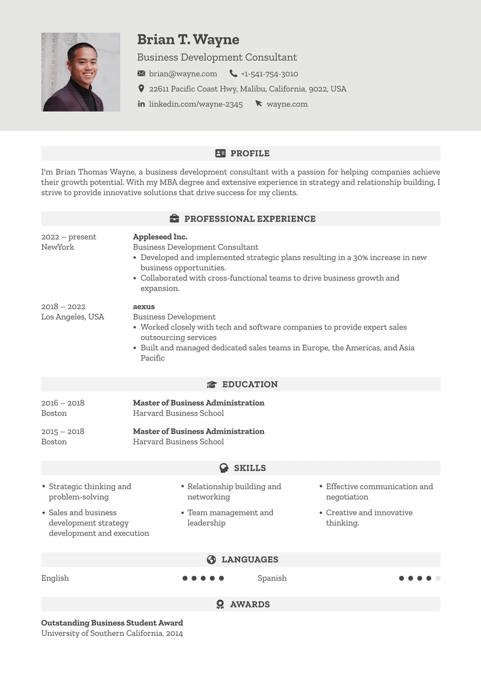 Classic monochrome resume template for executives