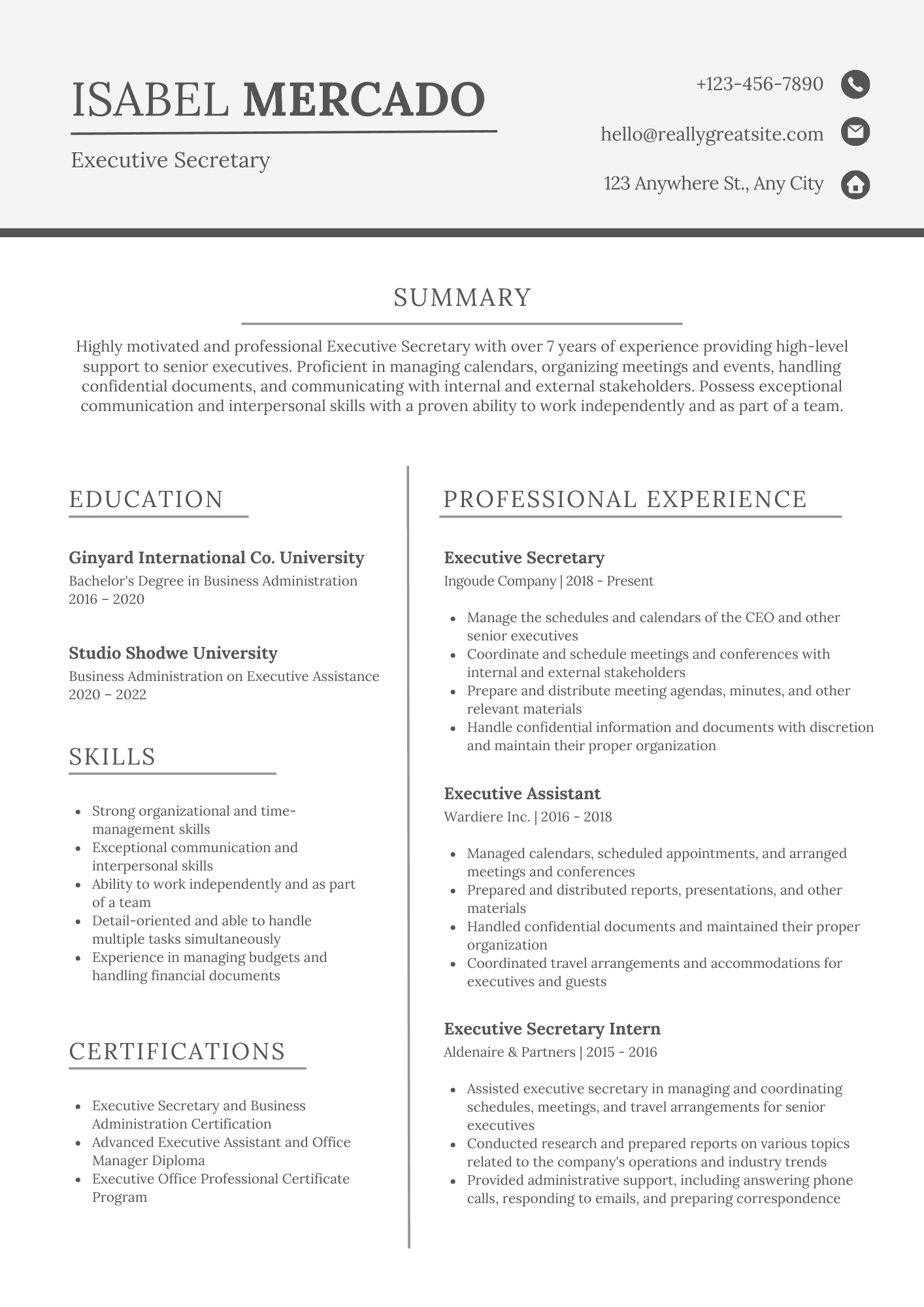 Classic monochrome resume template for executives