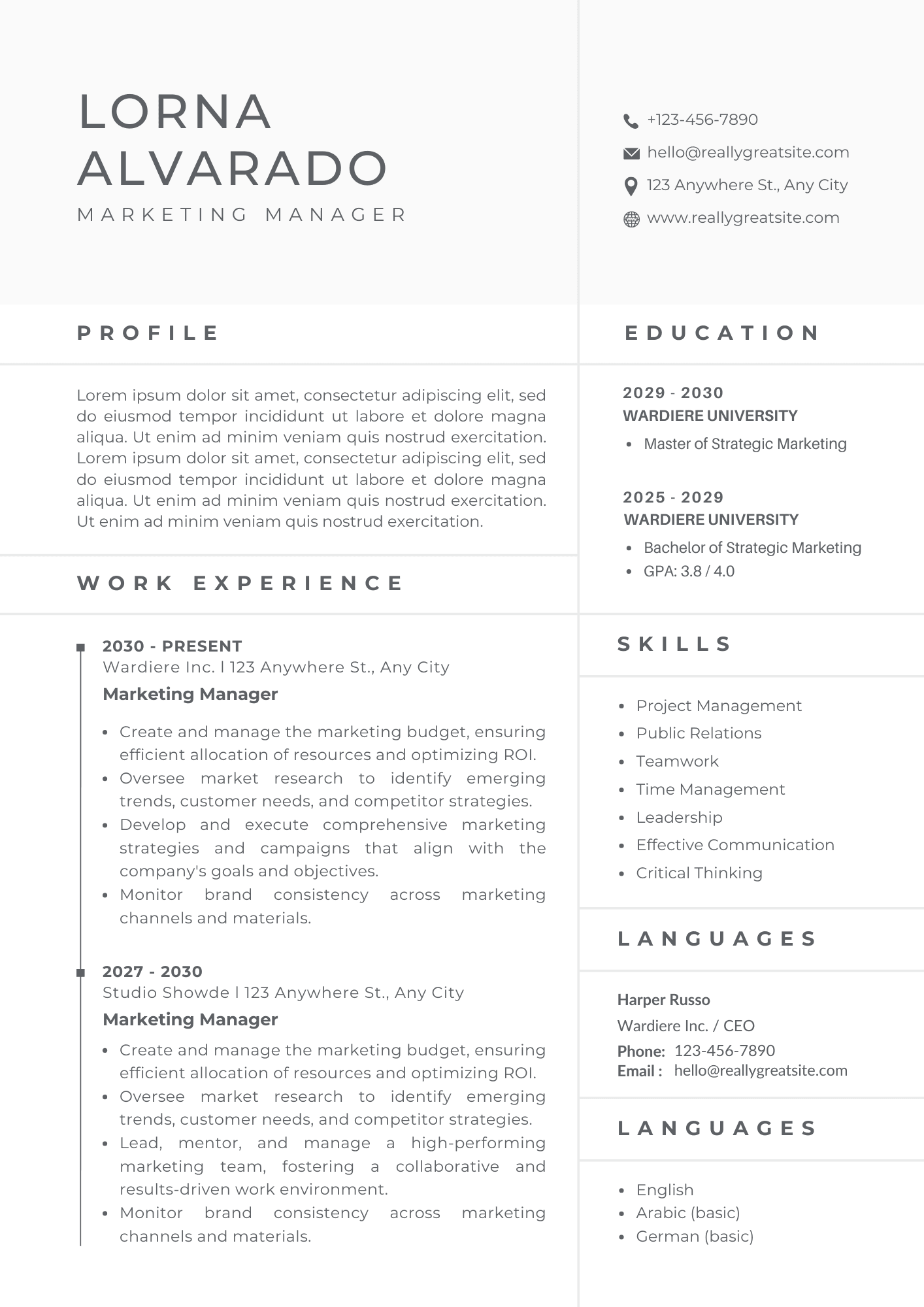 Classic monochrome resume template for executives